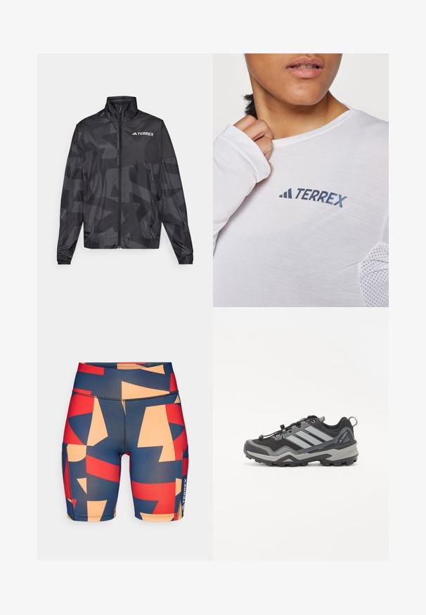 Fekete könnyűdzseki magas gallérral, cipzáros záródással és geometrikus mintával. A bal felső részen fehér "TERREX" logó található.; Fehér, hosszú ujjú ing, kék "TERREX" logóval. Az anyag könnyű, texturált hálós díszítésekkel a vállakon.; Színes, mintázott rövidnadrág, absztrakt formákkal sötétkék, piros és őszibarack árnyalataiban. Rugalmas anyagból készült, sima tapintással.; Fekete és szürke túracipő, texturált felülettel, gumitalppal és három kiemelkedő szürke csíkkal az oldalon; gyorsfűző rendszerrel rendelkezik.