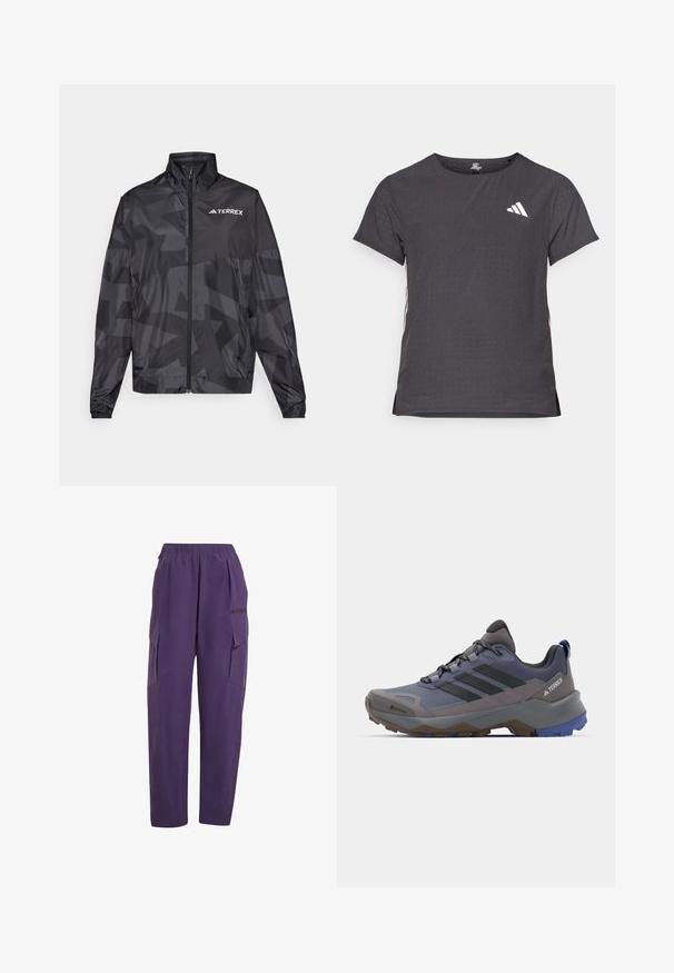 Musta kevyt takki, jossa on korkea kaulus, vetoketju ja geometrinen kuvio. Oikeassa yläkulmassa on valkoinen "TERREX"-logo.; Lyhythihainen urheilupaita, tummanharmaa, jossa on reikäkudot. Ominaisuuksina valkoinen logo ja kontrastiväriset sivusuunnat. Pyöreä pääntie.; Violet cargo-housut, joissa on elastinen vyötärö, kaksi sivutaskua ja musta logo painettuna eteen. Kevyt, sileä materiaalitekstuuri.; Harmaat ja siniset vaelluskengät, joissa on verkko- ja synteettinen yläosa, teksturoitu pohja, erottuva nyöritys ja kolme mustaa raitaa sivulla.