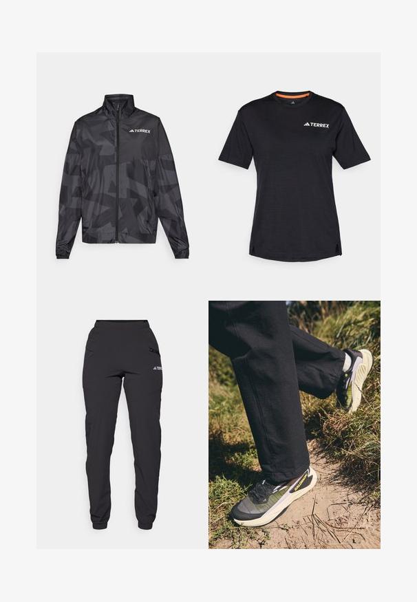 Juodas lengvas švarkas su aukšta apykakle, užtrauktuku ir geometriniu raštu. Viršutinėje kairėje pusėje yra balta "TERREX" logotipo etiketė.; Juodas trumpas rankovės marškinėliai su apvaliu kaklu, su subtiliu melange tekstūra ir baltu "TERREX" logotipu viršutiniame kairiajame kampe.; Juodos vandeniui atsparios kelnės su elastinga juostele, užtrauktukais šoninėse kišenėse, siaurėjančiomis kojomis ir raibėmis ant kulkšnies. Su logotipo akcentais.; Salomon GENESIS - Bėgimo bateliai, skirti nelygiam paviršiui - black/sulphur spring/orchid petal