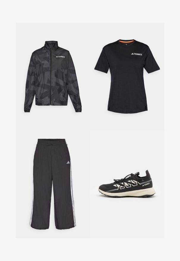 Giacca leggera nera con colletto alto, chiusura con zip e motivo geometrico. Presenta il logo "TERREX" in bianco sul lato superiore sinistro.; T-shirt nero a maniche corte con scollo rotondo, caratterizzato da una leggera texture mélange e dal logo bianco "TERREX" sul lato superiore sinistro.; Pantaloni sportivi neri con cintura elasticizzata, dotati di strisce laterali bianche e un logo discreto sulla parte superiore della gamba sinistra. Materiale leggero.; Scarpa sportiva nera con tomaia testurizzata, accenti bianchi a contrasto, suola modellata e lacci elastici. Presenta un logo stampato sul tallone.