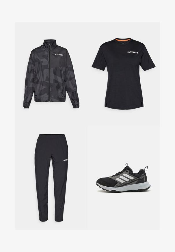 Veste légère noire avec un col haut, fermeture éclair et motif géométrique. Présente le logo "TERREX" en blanc sur le côté supérieur gauche.; T-shirt noir à manches courtes avec col rond, présentant une texture chinée subtile et un logo "TERREX" blanc sur le côté supérieur gauche.; Pantalon de sport noir en matériau léger et extensible, avec une taille élastique et des poches zippées sur les côtés. Présente un logo blanc sur la cuisse.; Chaussure de sport noire avec des accents gris, présentant une tige en maille texturée, trois rayures blanches et une semelle en caoutchouc pour une meilleure adhérence.