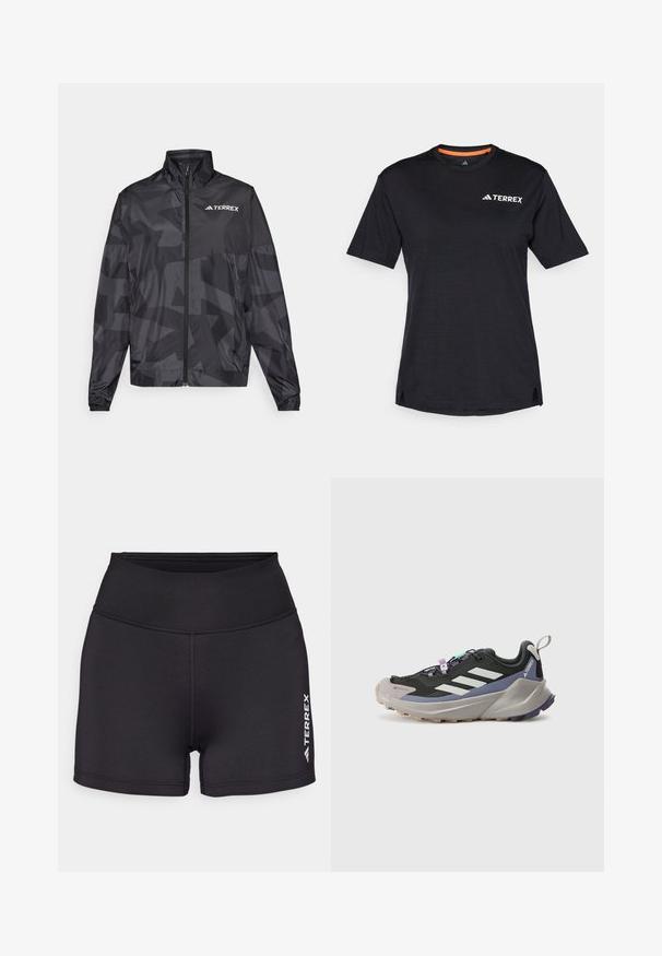 Giacca leggera nera con colletto alto, chiusura con zip e motivo geometrico. Presenta il logo "TERREX" in bianco sul lato superiore sinistro.; T-shirt nero a maniche corte con scollo rotondo, caratterizzato da una leggera texture mélange e dal logo bianco "TERREX" sul lato superiore sinistro.; Pantaloni sportivi neri realizzati in materiale liscio ed elastico con vita alta. Presentano il logo bianco "TERREX" sul lato destro in basso.; Scarpa sportiva nera con parte superiore in Gore-Tex, strisce bianche, accenti viola, suola intermedia grigia spessa e suola esterna grigia testurizzata per una migliore aderenza.