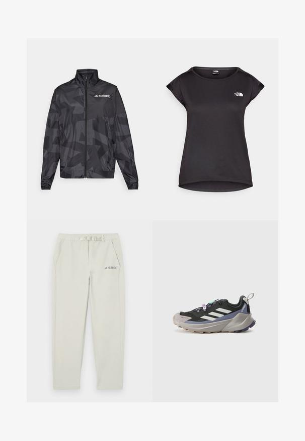 Črn lahkoten jopič z visokim ovratnikom, zadrgo in geometrijskim vzorcem. Ima bel "TERREX" logotip na zgornji levi strani.; The North Face TANKEN TANK  - Športne majice - black; Svetlo sivi atletski hlače z elastičnim pasom, detajlom pasu, dvema stranskima žepoma in majhnim modrim logotipom "TERREX" na levem stegnu.; Črne športne čevlje z Gore-Tex zgornjim delom, belimi črtami, vijoličnimi akcenti, debelim sivim srednjim podplatom in strukturiranim sivim zunanjim podplatom za boljši oprijem.