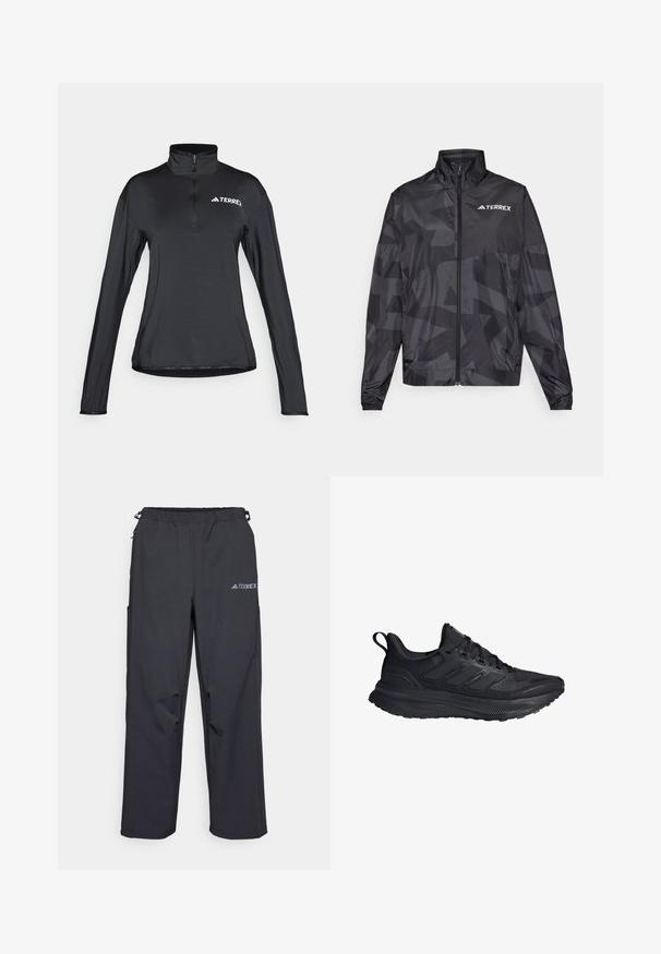 Schwarze leichte Jacke mit hohem Kragen, Reißverschluss und geometrischem Muster. Besitzt das "TERREX"-Logo in Weiß auf der oberen linken Seite.; Schwarzer Langarm-Quarter-Zip-Pullover mit hohem Kragen aus glattem, leichtem Stoff. Mit weißem "TERREX"-Logo.; Schwarze, leichte Outdoor-Hosen mit elastischem Bund, Seitentaschen und einem Logo am oberen rechten Bein. Glattes, wasserabweisendes Material.; Schwarzer Laufschuh mit einem strukturierten Mesh-Obermaterial, dreistreifigem Design und dämpfender Sohle. Verfügt über eine Zuglasche an der Ferse für einfaches Anziehen.