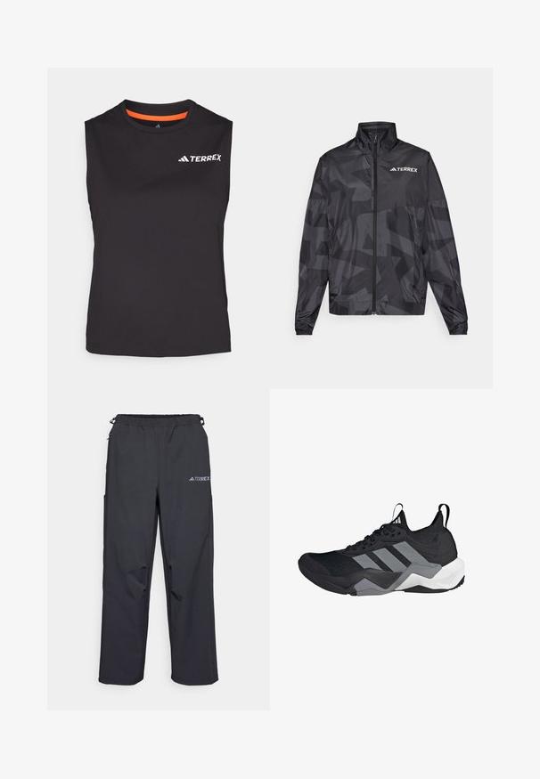 Musta kevyt takki, jossa on korkea kaulus, vetoketju ja geometrinen kuvio. Oikeassa yläkulmassa on valkoinen "TERREX"-logo.; Musta ilmanhiukkanen urheilupaita, valmistettu kosteutta siirtävästä kankaasta. Tyylissä on oranssi yksityiskohta kauluksessa ja valkoisella painettu "TERREX"-logo.; Mustat, kevyet ulkoiluhousut, joissa on joustava vyötärö, sivutaskut ja logo oikeassa yläreunassa. Sujuva, vettä hylkivä kangas.; Musta urheilukenkä, jossa on hengittävä verkko-yläosa, harmaat yksityiskohdat, teksturoitu pohja ja kolme erottuvaa raitaa sivussa.