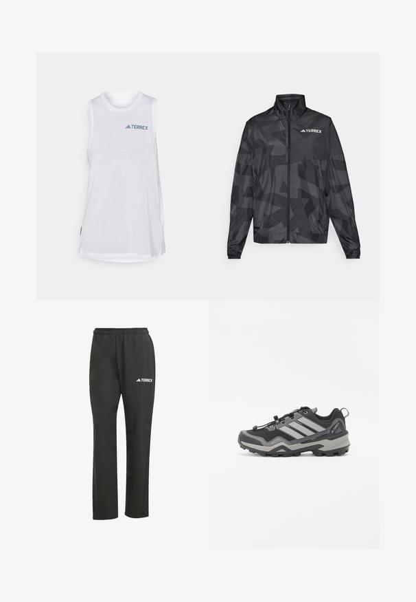 Chaqueta ligera negra con cuello alto, cierre de cremallera y patrón geométrico. Presenta el logo "TERREX" en blanco en la parte superior izquierda.; Camiseta atlética sin mangas de color blanco, con un cuello redondo y un logo "TERREX" en azul que contrasta, hecha de un material ligero y transpirable.; Pantalones ligeros negros con cinturilla elástica. Presentan un sutil logotipo "TERREX" en blanco. Tejido suave y diseño de pierna recta.; Zapatos de senderismo en negro y gris con una superficie texturizada, suela de goma y tres franjas grises prominentes en el lateral; cuentan con un sistema de cordones rápido.