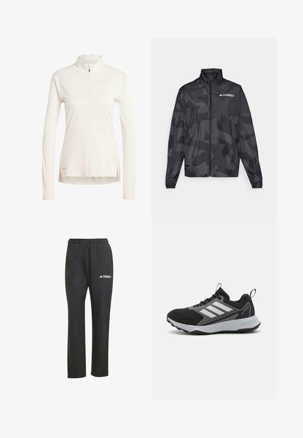 Svart lett jakke med høy krage, glidelås og geometrisk mønster. Har "TERREX"-logoen i hvitt på øvre venstre side.; Langermet, lys beige skjorte med halv-glidelås krage, laget av et glatt materiale. Har subtile sideslisser og trykket logo.; Svarte lette bukser med elastisk liv. Har en subtil "TERREX"-logo i hvitt. Glatt stoff og rett ben-design.; Svart sportssko med grå detaljer, som har en teksturert mesh overdel, tre hvite striper og en gummiyttersåle for godt grep.