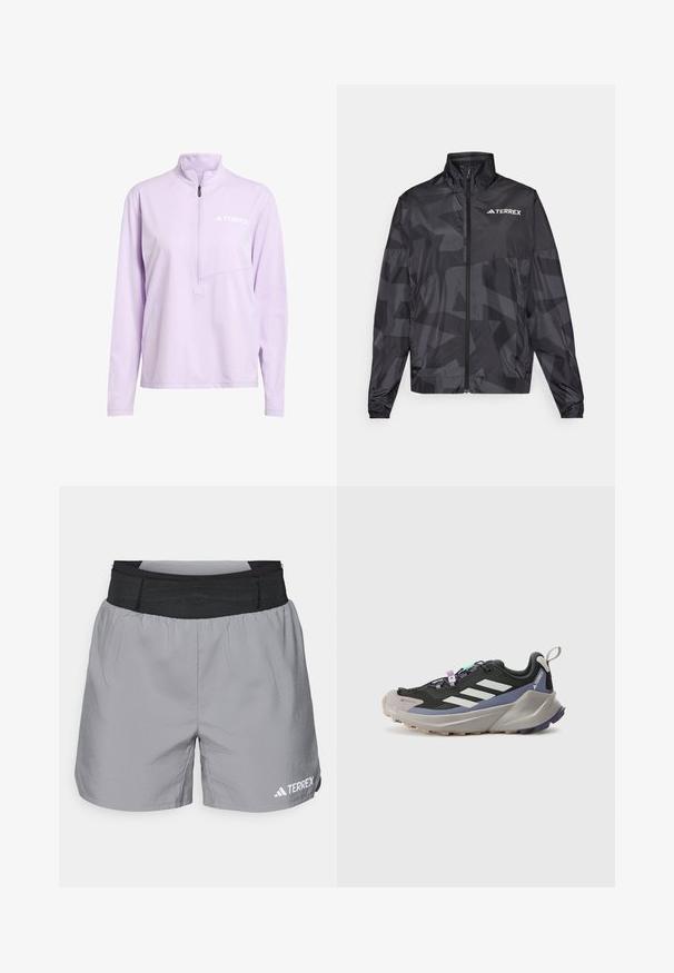 Must mustvalg, millel on kõrge krae, luku sulgemine ja geomeetriline muster. Ülemisel vasakul küljel on valge "TERREX" logo.; Lillat värvi neljandiku tõmblukuga pullover, tehtud pehmest kangast, pikkade varrukate, rinnatasku ja valge "TERREX" logoga.; Hallid hallid sportlikud lühikesed püksid elastse musta vöökohtaga, kergest materjalist, mugava lõikega ning valge logo aktsendiga alumisel paremal küljel.; Mustaline sportlikud jalanõud Gore-Tex ülahosaga, valged triibud, lillad aktsendid, paks hall vaheosa ja tekstureeritud hall välistald haardeks.