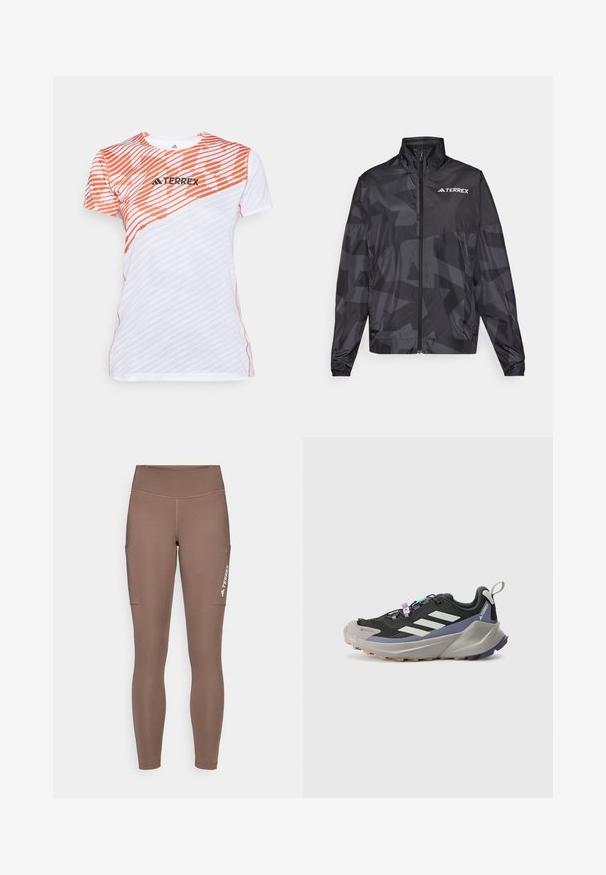 Svart lett jakke med høy krage, glidelås og geometrisk mønster. Har "TERREX"-logoen i hvitt på øvre venstre side.; Hvit og oransje kortermet treningstrøye med diagonalt stripemønster og "TERREX"-logo over brystet.; Brune atletiske leggings med høy midje, med sidelommer og en hvit logo. Glatt, elastisk stoff for komfort og bevegelighet.; Svart atletisk sko med Gore-Tex-overdel, hvite striper, lilla detaljer, tykk grå mellomsåle og teksturert grå yttersåle for grep.