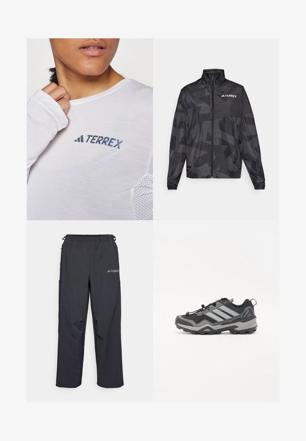 Czarna, lekka kurtka z wysokim kołnierzem, zapinana na zamek błyskawiczny, z geometrycznym wzorem. Posiada logo "TERREX" w kolorze białym na górnej lewej stronie.; Biała koszula z długim rękawem z niebieskim logo "TERREX". Materiał jest lekki, z teksturowanymi akcentami z siateczki na ramionach.; Czarne, lekkie spodnie outdoorowe z elastycznym paskiem w talii, kieszeniami po bokach i logo na górnej prawej nodze. Gładki, wodoodporny materiał.; Czarno-szary but turystyczny o teksturowanej powierzchni, gumowej podeszwie i trzech wyrazistych szarych paskach po boku; wyposażony w system szybkiego sznurowania.