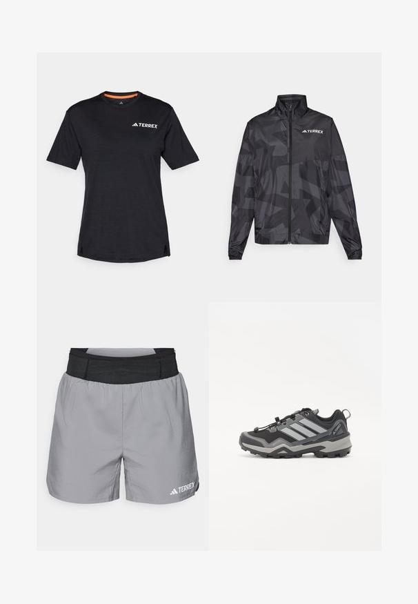 Črn lahkoten jopič z visokim ovratnikom, zadrgo in geometrijskim vzorcem. Ima bel "TERREX" logotip na zgornji levi strani.; Črna kratkosleča majica s krocnim ovratnikom, ki ima subtilno heather teksturo in belo "TERREX" logo na zgornji levi strani.; Sive kratke športne hlače z elastičnim črnim pasom, lahkotnega materiala, sproščenega kroja in belim logotipom na spodnji desni strani.; Črne in sive pohodniške čevlje z teksturirano površino, gumijastim podplatom in tremi izrazitimi sivimi črtami ob strani; imajo sistem hitrega vezanja.