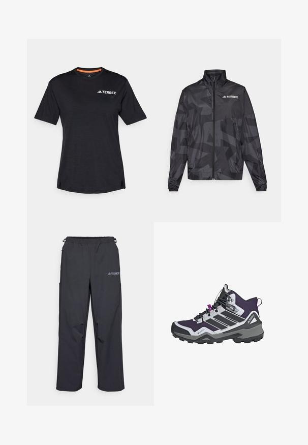 Čierna ľahká bunda s vysokým golierom, so zipsom a geometrickým vzorom. Na hornej ľavej strane je biele logo "TERREX".; Čierne tričko s krátkym rukávom a okrúhlym výstrihom, s jemnou melírovanou textúrou a bielym logom "TERREX" na hornej ľavej strane.; Čierne, ľahké outdoorové nohavice s elastickým pásom, bočnými vreckami a logom na hornej pravej nohe. Hladká, vodeodolná tkanina.; Fialové a čierne turistické topánky s vysokým strihom, štruktúrovaná tkanina, materiál Gore-Tex a robustná gumová podrážka s hlbokým dezénom.