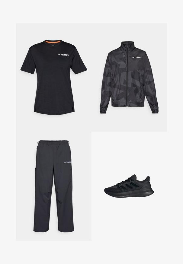 Schwarze leichte Jacke mit hohem Kragen, Reißverschluss und geometrischem Muster. Besitzt das "TERREX"-Logo in Weiß auf der oberen linken Seite.; Schwarzes Kurzarm-T-Shirt mit Rundhalsausschnitt, das eine dezente melierte Textur aufweist und ein weißes "TERREX"-Logo auf der oberen linken Seite hat.; Schwarze, leichte Outdoor-Hosen mit elastischem Bund, Seitentaschen und einem Logo am oberen rechten Bein. Glattes, wasserabweisendes Material.; Schwarze Sportschuhe mit einem Strick-Obermaterial, das eine strukturierte Oberfläche aufweist, einer gepolsterten Sohle und einem drei Streifen Design an den Seiten.