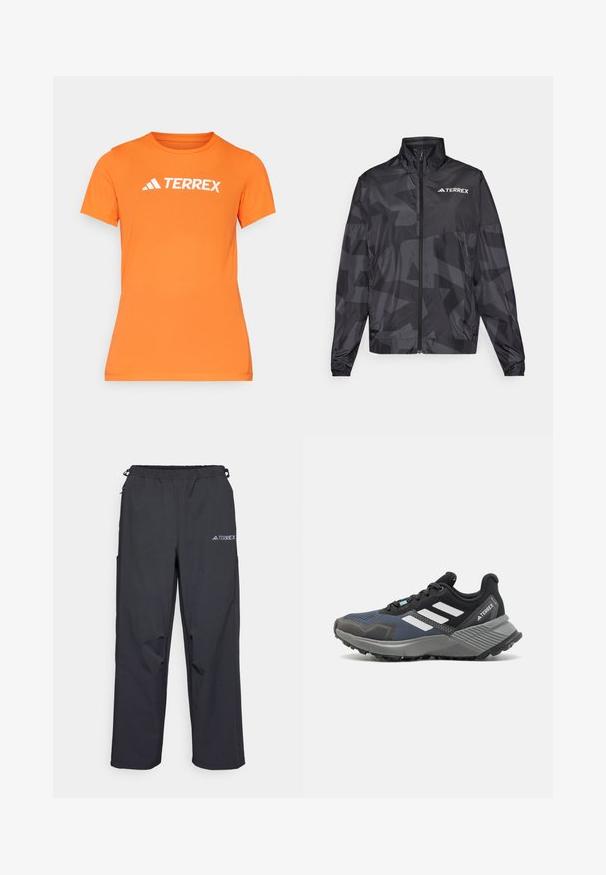 Fekete könnyűdzseki magas gallérral, cipzáros záródással és geometrikus mintával. A bal felső részen fehér "TERREX" logó található.; Narancssárga rövid ujjú póló, könnyű anyagból készült. Elöl fehér "TERREX" logóval és klasszikus kerek nyakkivágással rendelkezik.; Fekete, könnyű kültéri nadrág, rugalmas derékrésszel, oldalzsebekkel és logóval a jobb oldali comb felső részén. Simal, vízlepergető szövet.; Sportcipő hálós felsőrésszel, fekete és kék árnyalatokban. Fehér csíkokkal, szürke gumitalppal és texturált középtalppal a tapadás érdekében.