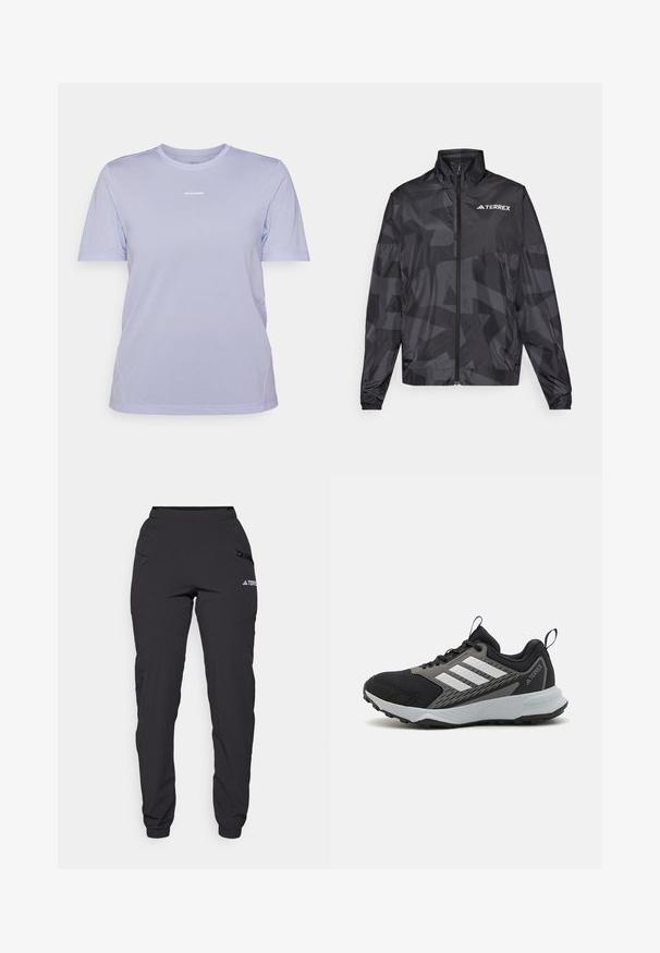 Črn lahkoten jopič z visokim ovratnikom, zadrgo in geometrijskim vzorcem. Ima bel "TERREX" logotip na zgornji levi strani.; Svetlo lilava majica s kratkimi rokavi iz prozorne tkanine, z okroglim izrezom in diskretnim logotipom natisnjenim na prsih.; Črne vodoodporne hlače z elastičnim pasom, žepi na zadrgo ob straneh, zoženimi hlačnicami in rebrastimi manšetami na gležnjih. Vključujejo logotipne detajle.; Črne atletske čevlje z sivimi detajli, ki imajo teksturirano mrežasto zgornjščino, tri bele črte in gumijast podplat za oprijem.