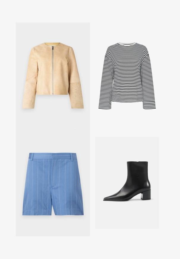 Beige leren jas met een ronde hals en zilveren rits. Gladde textuur, lange mouwen en cropped ontwerp.; Zwart-witte gestreepte langemouwen shirt met een ronde hals. Zachte stof, relaxte pasvorm en contrasterende accenten op de halslijn.; Lichtblauwe shorts met witte verticale strepen, met een gladde textuur, vlakke voorkant en een standaard tailleband met riemlussen.; Zwarte leren enkellaars met een spitse neus, een soepele textuur en een middenblokhak. Minimalistisch ontwerp, ritssluiting aan de achterkant.