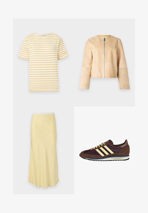 Beige læderjakke med rund halsudskæring og sølv lynlås. Glat tekstur, lange ærmer og cropped design.; Stribet t-shirt med skiftende gule og hvide vandrette striber, rund halsudskæring og korte ærmer. Blødt bomuldsstof.; Lys gul satin midi-nederdel med en glat tekstur, udvidet design og elastisk talje, med en subtil glans hele vejen igennem.; Brune og bordeaux sneakers lavet af ruskind og mesh-materialer, med tre cremefarvede striber, tekstureret stof på tungen, og en gummisål.
