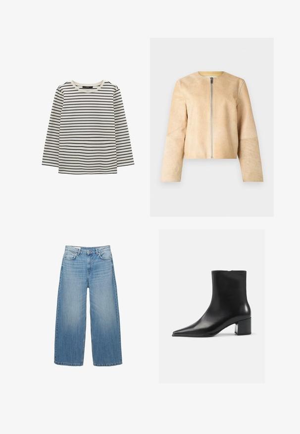 Beige Lederjacke mit rundem Ausschnitt und silbernem Reißverschluss. Glatte Textur, lange Ärmel und kürzerer Schnitt.; Langarmshirt in Creme mit schwarzen horizontalen Streifen, mit rundem Halsausschnitt und weichem Baumwollstoff. Lässiges Design, ohne Verzierungen.; Hellblaue weite Jeans aus Denim, mit einem klassischen Fünf-Taschen-Design und einem Knopfverschluss. Im ganzen Stoff mit einem verwaschenen Look.; Schwarze Lederschnürstiefelette mit spitzer Zehenform, glatter Textur und mittelhohem Blockabsatz. Minimalistisches Design, Reißverschluss hinten.