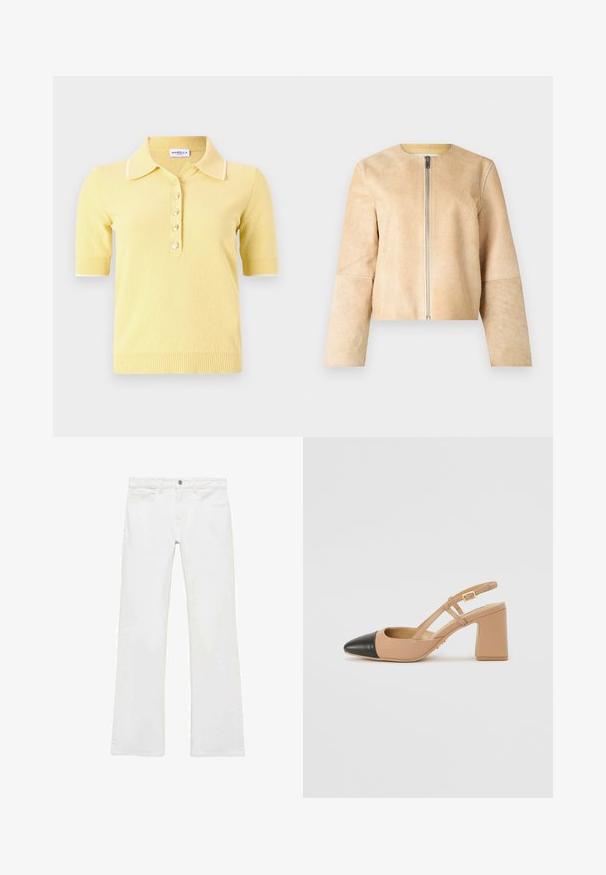 Beige leather jacket with a round neckline and silver zipper. Smooth texture, long sleeves, and cropped design.; Marella DISTEL - Polo shirt - giallo; White flared jeans with a smooth cotton fabric, five pockets, a metal button closure, and belt loops. The legs have a slight finessing detail.; Beige slingback shoe with a black cap toe, a square high heel, and two strap accents, made from smooth material.