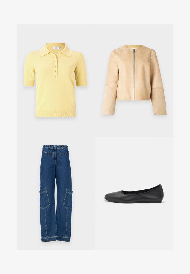 Beżowa skórzana kurtka z okrągłym dekoltem i srebrnym zamkiem. Gładka tekstura, długie rękawy i krótki fason.; Marella DISTEL żółty; Niebieskie dżinsowe spodnie cargo z wysokim stanem, szerokimi nogawkami, dwiema dużymi kieszeniami bocznymi oraz tradycyjnymi nitami i detalami szwów.; Czarne skórzane baletki z zaokrąglonym noskiem, gładką fakturą, minimalnymi przeszyciami i elastycznym designem podeszwy.