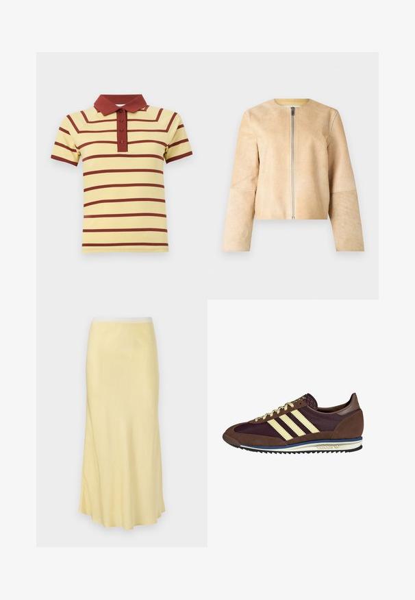Beige kožená bunda s kulatým výstřihem a stříbrným zipem. Hladká textura, dlouhé rukávy a zkrácený střih.; Žluté polo tričko s maroon horizontálními pruhy, žebrovaný límec a tři knoflíky. Krátké rukávy s kontrastními manžetami.; Světlá žlutá saténová midi sukně s hladkým povrchem, rozšířeným designem a elastickým pasem, která se vyznačuje jemným leskem po celém povrchu.; Hnědé a burgundské tenisky z semiše a síťoviny, s třemi krémovými pruhy, texturovaným materiálem na jazyku a gumovou podrážkou.