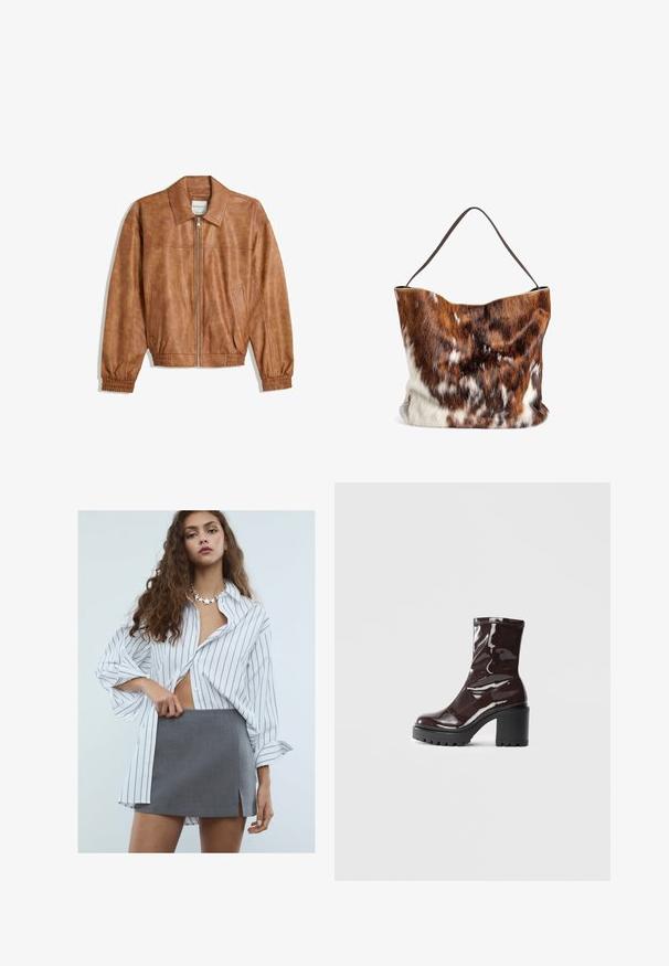 Brązowa skórzana kurtka bombowca z zamkiem błyskawicznym, klasycznym kołnierzem, elastycznymi mankietami i dwoma kieszeniami bocznymi. Gładka faktura z minimalnymi detalami.; Beżowy sweter z długim rękawem i okrągłym dekoltem, z prążkowanymi mankietami i dołem, wykonany z miękkiej dzianiny, ustawiony na białym tle.; Młoda kobieta z długimi kręconymi włosami, ubrana w białą, szeroką koszulę w paski, szara mini spódniczkę z rozporkiem z przodu oraz naszyjnik w kształcie gwiazdy.; Błyszczące bordowe botki za kostkę z masywną czarną obcasem, charakteryzujące się gładką teksturą i prostym wzornictwem. Brak widocznych zapięć lub wzorów.; Brązowa i biała torebka futrzana o miękkiej fakturze, z otwartą górą i pojedynczym ciemnobrązowym paskiem. Projekt jest lekko falisty na górze.; Brązowe skórzane rękawiczki o gładkiej fakturze, z pięcioma palcami, elastycznym nadgarstkiem i ozdobnym przeszyciem wzdłuż krawędzi.
