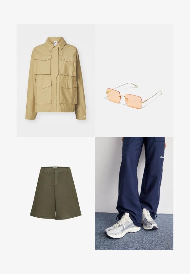 Beige színű, könnyű dzseki klasszikus gallérral, több mellzsebbel és hosszú ujjakkal. A bal kéz ujján Nike logó található.; Rövid ujjú, világos rózsaszín, vágott póló, puha anyagból készült. Kerek nyakkivágással és kis fehér Nike logóval rendelkezik a mellrészen.; Olíva zöld sort, texturált anyagból készült, széles lábakkal, elülső zsebekkel és varrat nélküli derékkal a kifinomult megjelenés érdekében.; Nike sportcipők ezüst hálós felsőrésszel, fehér kiegészítőkkel és texturált talppal, lazán illeszkedő sötétkék nadrággal párosítva.; Arany fémkeretes napszemüveg téglalap alakú, narancsszínű lencsékkel. Jellegzetesen vékony szárak és finom textúrázott díszek a pántok közelében.