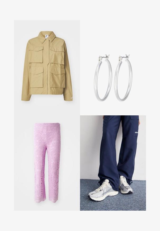 Beige, lightweight jacket with a classic collar, multiple chest pockets, and long sleeves. Features Nike logo on the left sleeve.; Cropped T-shirt in light pink, made of soft fabric. Features a crew neck and short sleeves with a small white Nike logo on the chest.; Pink lace pants with a scalloped hem, featuring intricate floral patterns. Fabric appears lightweight and textured, designed for a fitted silhouette.; Nike athletic shoes with a silver mesh upper, white accents, and textured soles, paired with loose-fitting navy pants.; Silver hoop earrings with a smooth, polished finish. Round shape and secure click-top closure. Lightweight design suitable for everyday wear.