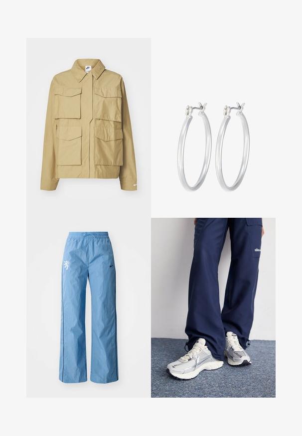 Beige, leichtgewichtige Jacke mit klassischem Kragen, mehreren Brusttaschen und langen Ärmeln. Mit Nike-Logo am linken Ärmel.; Gekürztes T-Shirt in Hellrosa, aus weichem Stoff gefertigt. Verfügt über einen Rundhals-Ausschnitt und kurze Ärmel mit einem kleinen weißen Nike-Logo auf der Brust.; Helle blaue, weit geschnittene Hose aus strukturiertem Stoff, mit einem schwarzen seitlichen Streifen und einem weißen Löwenmotiv auf der Vorderseite. Mit elastischem Bund.; Nike Sportschuhe mit einem silbernen Mesh-Obermaterial, weißen Akzenten und strukturierten Sohlen, kombiniert mit locker sitzenden marineblauen Hosen.; Silberne Creolen mit einer glatten, polierten Oberfläche. Runder Form und sicherem Klickverschluss. Leichtes Design, geeignet für den täglichen Gebrauch.