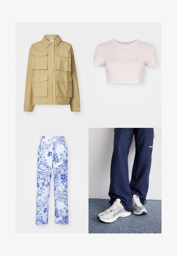 Beige színű, könnyű dzseki klasszikus gallérral, több mellzsebbel és hosszú ujjakkal. A bal kéz ujján Nike logó található.; Rövid ujjú, világos rózsaszín, vágott póló, puha anyagból készült. Kerek nyakkivágással és kis fehér Nike logóval rendelkezik a mellrészen.; Fehér nadrág kék virágos és tájnyomattal, egyenes lábú fazonnal és oldalsó zsebekkel. Az anyagnak texturált felülete van.; Nike sportcipők ezüst hálós felsőrésszel, fehér kiegészítőkkel és texturált talppal, lazán illeszkedő sötétkék nadrággal párosítva.