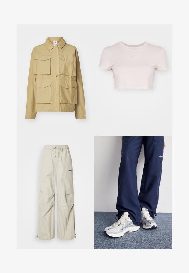 Béžová, ľahká bunda s klasickým golierom, viacerými náprsníkmi a dlhými rukávmi. Na ľavom rukáve sa nachádza logo Nike.; Skraćené tričko svetloružovej farby, vyrobené z mäkkej tkaniny. Má okrúhly výstrih a krátke rukávy s malým bielym logom Nike na hrudi.; Bežové, široké nohavice vyrobené z ľahkej látky. Obsahujú elastický pás s šnúrkou a potlačené logo na boku.; Športové topánky Nike s strieborným sieťovaným zvrškom, bielymi detailmi a textúrovanými podrážkami, skombinované s voľnými námorníckymi nohavicami.