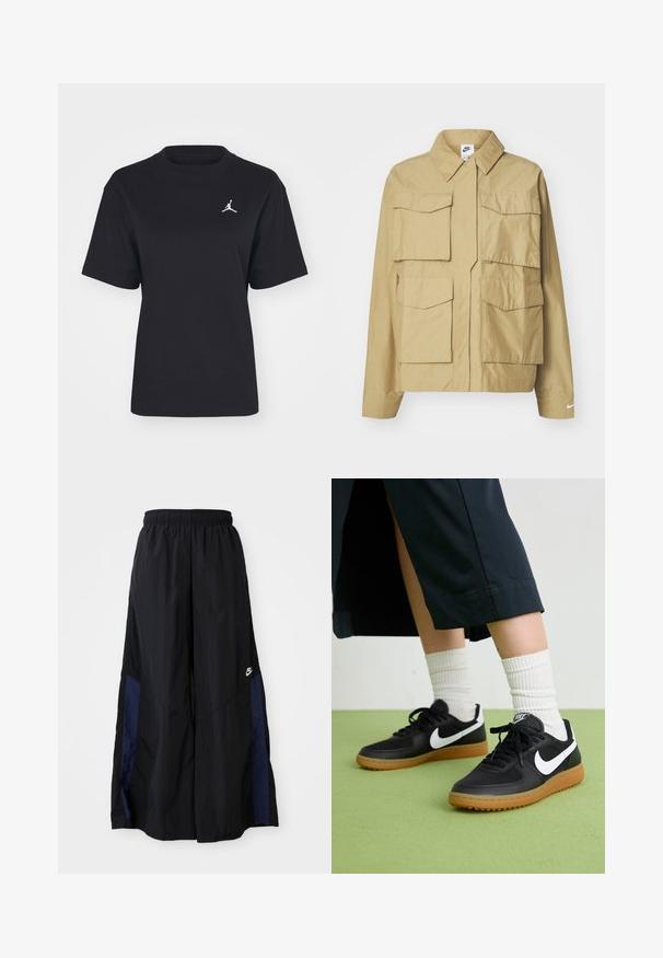 Bežna, lahka jakna s klasičnim ovratnikom, večimi žepi na prsih in dolgimi rokavi. Na levem rokavu je Nike logo.; Črna bombažna majica s kratkimi rokavi in okroglim izrezom. Na levem prsnem delu je bel Jumpman logo. Gladka tekstura, običajen kroj.; Črne široke hlače iz lahkega materiala, z morsko modrim stranskim panelom in elastičnim pasom. Majhna bela oznaka na dnu.; Črne usnjene in sintetične superge z belim Nike swooshom, gumo na podplatu, okroglo konico ter črnimi vezalkami. Vidne so rebraste bele nogavice.