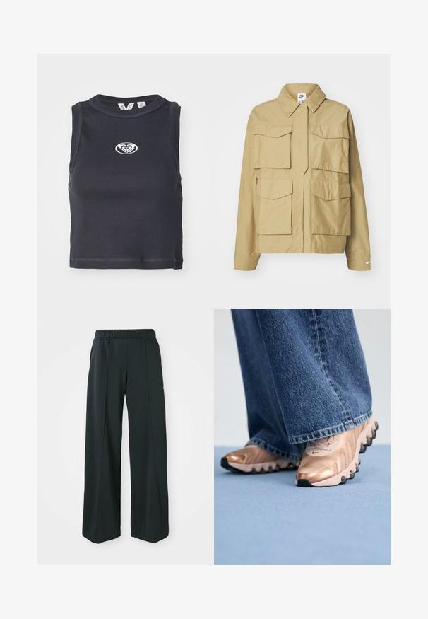 Giacca beige leggera con colletto classico, diverse tasche sul petto e maniche lunghe. Presenta il logo Nike sulla manica sinistra.; Top corto nero a costine con scollatura rotonda e design senza maniche. Presenta un logo bianco centrato sul petto. Texture liscia.; Pantaloni sportivi neri a gamba larga con una vita elastica. Realizzati in un tessuto morbido ed elasticizzato, presentano cuciture frontali sottili e nessuna tasca.; Sneakers con tomaia in rosa oro metallico e design testurizzato, dotati di suole in gomma nera. Abbinati a jeans in denim blu a gamba larga.