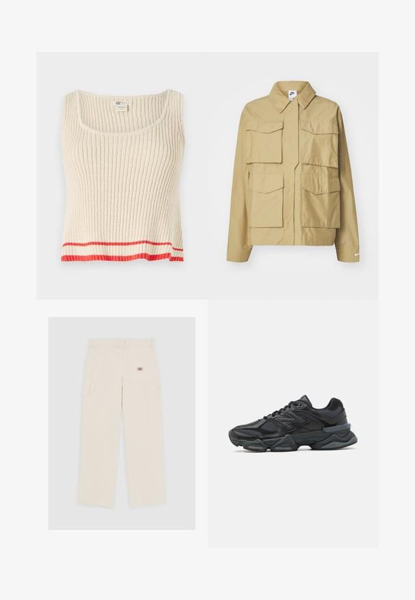 Beige, letvægtsjakke med klassisk krave, flere brystlommer og lange ærmer. Har Nike-logo på venstre ærme.; Cremefarvet ribbet tanktop med rund halsudskæring og en rød horisontal stribe ved kanten. Blødt, struktureret stof med en afslappet pasform.; Lys beige cargo bukser lavet af bomuld, med en lige pasform, flere lommer og et lille brandlogo på baglommen.; Sorte løbesko med en blanding af mesh og syntetiske materialer, kraftig sål, buet design og fremtrædende branding på siden.