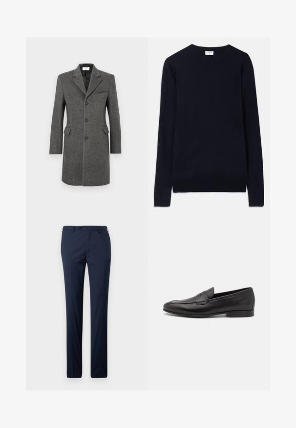 Single-breasted dark gray wool coat with three buttons, notch lapel, two flap pockets, and one chest pocket on a white background.; Navy blue crew-neck sweater made of soft fabric, featuring long sleeves and ribbed detailing at the collar and hem. Clean, minimalist design.; Navy dress pants in a straight cut, featuring a smooth texture, a single button closure, and belt loops for a tailored fit.; Black leather men's loafer with a low heel and a classic penny strap design, shown in side profile on a white background.