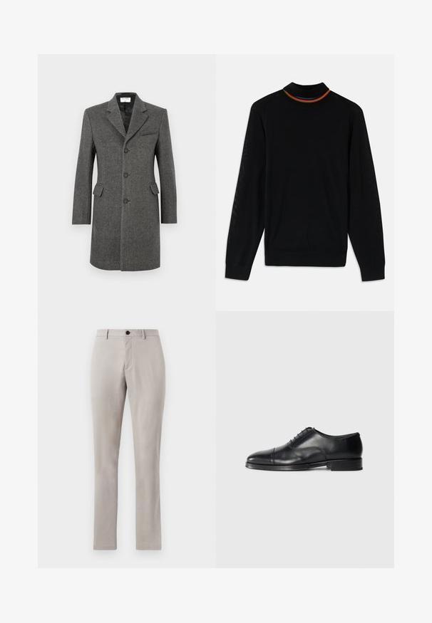 Enkeltknappet mørkegrå uldfrakke med tre knapper, slagkrave, to klaplommer og en brystlomme på en hvid baggrund.; Sort langærmet pullover sweater med tekstureret design, med en ribbestrikket krave med røde, gule og blå accenter. Glat stof.; Lys grå, skræddersyede bukser med en glat tekstur, der har en knaplukning og lige ben. Ingen synlige lommer eller mønstre.; Sort læderherresko med rund tå, glat overflade, snørebåndsdesign og en diskret stikning, der har en lav, flad hæl.
