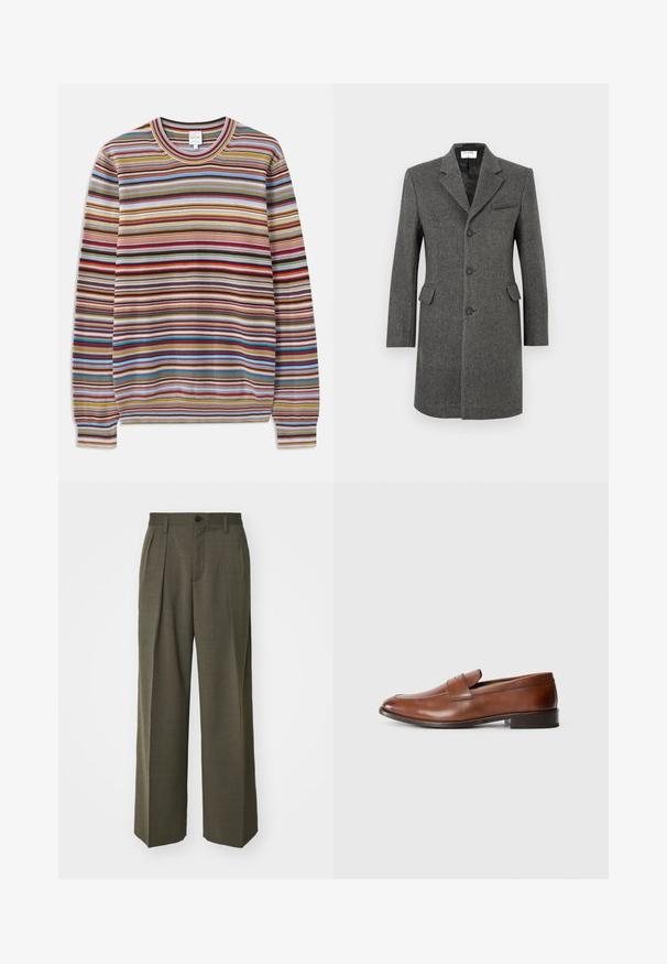 Ein einreihiger, dunkelgrauer Wollmantel mit drei Knöpfen, Reverskragen, zwei aufgesetzten Taschen und einer Brusttasche auf weißem Hintergrund.; Gestreifter Pullover mit Rundhalsausschnitt, aus strukturiertem Stoff mit mehrfarbigen horizontalen Streifen in Rot, Blau, Gelb und Braun.; Filippa K WIDE TROUSERS - Stoffhose - driftwood; Braune Lederloafers mit gerundeter Zehenform, minimaler Naht und niedrigem Blockabsatz. Verfügt über einen dekorativen Riemen über dem Spann.