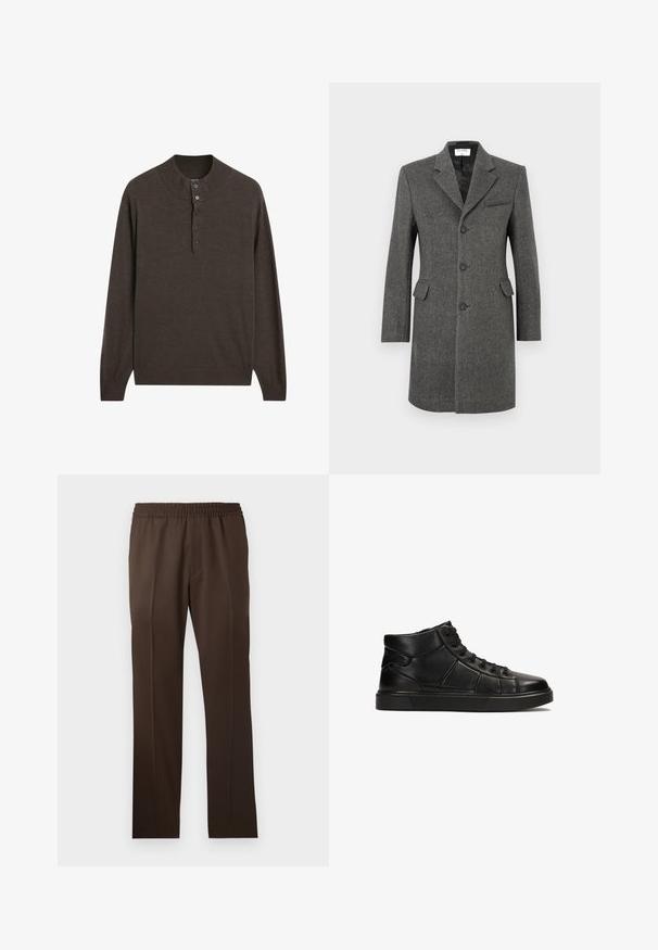 Jednoduchý tmavě šedý vlněný kabát s jedním knoflíkem, klopou, dvěma klopovými kapsami a jednou náprsní kapsou na bílém pozadí.; Hnědý pulovr s dlouhým rukávem a vysokým límcem, s knopovou legou se třemi knoflíky. Vyrobený z měkké látky, má hladký povrch a vroubkované manžety.; Hnědé kalhoty rovného střihu s elastickým pasem a hladkou texturou látky; obsahují ostré sklady podél přední části.; Černá vysoká teniska vyrobená z hladké kůže s texturovaným povrchem, s šněrovacím uzávěrem a odolnou gumovou podrážkou.