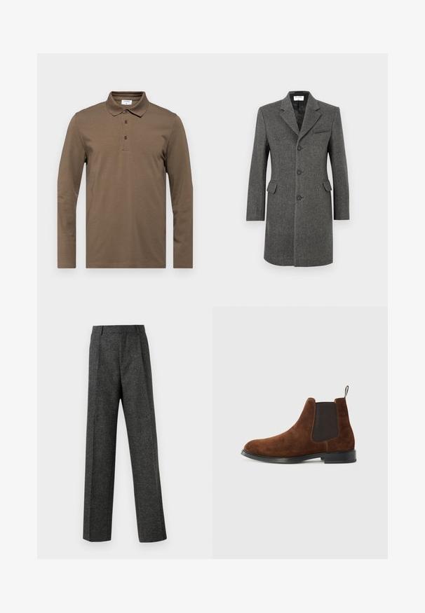Enkeltknappet mørkegrå uldfrakke med tre knapper, slagkrave, to klaplommer og en brystlomme på en hvid baggrund.; Langærmet brun polo skjorte lavet af blødt stof, der har en klassisk krave, tre-knaps placket og subtile stikninger.; Grå skræddersyede bukser lavet af tekstureret stof, med to frontplicer og lige ben-design. Ingen synlige lommer eller udsmykninger.; Brune suede Chelsea støvler med sorte elastiske sidepaneler, en afrundet tå, pull tab ved hælen og en lav sort hæl.