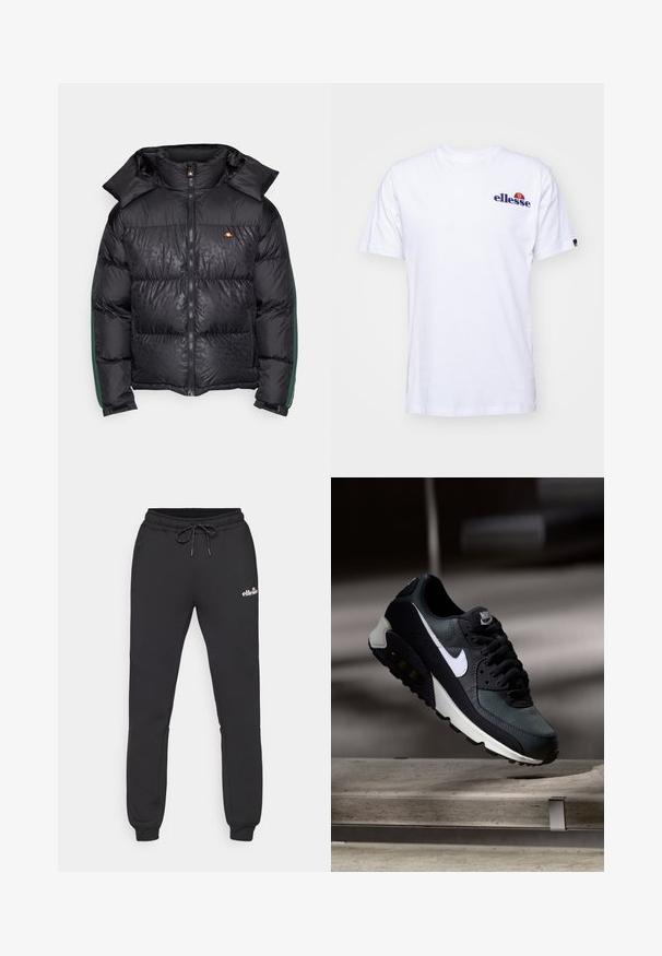 Sort puffjakke med lynlås, høj krave og grønne sideaccentueringer. Struktureret stof med et diskret mønster overalt.; Hvid bomulds t-shirt med korte ærmer, prydet med et marineblåt broderet logo på venstre bryst og en farverig accent over logoet.; Sorte sweatpants lavet af blødt stof, med en snøre i taljen, tapered ben og et lille logo på det øverste ben.; Sort og grøn sneaker med et mønstret mesh-overdel, hvid swoosh-logo, polstret krave og en synlig luftdæmpningsenhed i sålen.