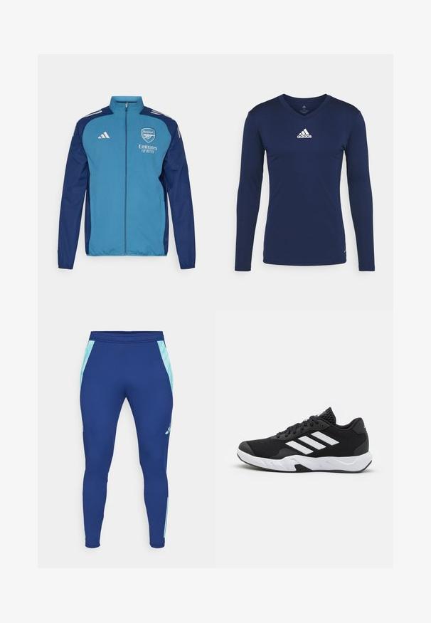 Zila un tumši zila puspulovera jakas ar Arsenal logotipu, "Emirates" zīmolu un baltām Adidas svītrām uz pleciem. Gluda tekstūra, sportiska piegriezuma.; Jūras spēku garām piedurknēm sporta krekls, izgatavots no teksturēta auduma, ar V-veida kakla izgriezumu un baltu Adidas logotipu uz krūtīm. Vienkāršs dizains, pieguļoša forma.; Jūras zila sporta legingi, izgatavoti no elastīga materiāla, ar gaiši ziliem sānu paneļiem un pieguļošu dizainu ar šauru aproci pie potītes.; Melnas sporta kurpes ar teksturētu acu augšdaļu, baltām akcentu svītrām, mīkstu zoli un pastiprinātu papēdi atbalstam.