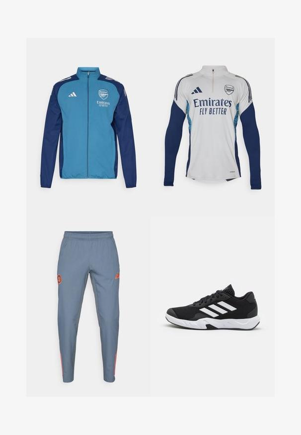 Mėlynas ir tamsiai mėlynas užtrauktuku užsegamas šalikas su Arsenal logo, "Emirates" prekiniu ženklu ir baltais Adidas dryžiais ant pečių. Lygi tekstūra, sportiškas kirpimas.; Balta ilgomis rankovėmis maikutė su tamsiai mėlynomis detalėmis, pusiau užtraukiama apykakle, atitinkanti „Emirates Fly Better“ logotipą ir Arsenal klubo emblemą.; Šviesiai mėlyni sportiniai kelnės su elastingu juosmeniu, su oranžine logotipu ir trimis oranžinėmis juostelėmis per išorinę koją.; Juodi sportiniai batai su tekstūruotu tinkliniu paviršiumi, baltais akcentų dryžiais, paminkštintu padu ir sustiprintu kulnu paramai.