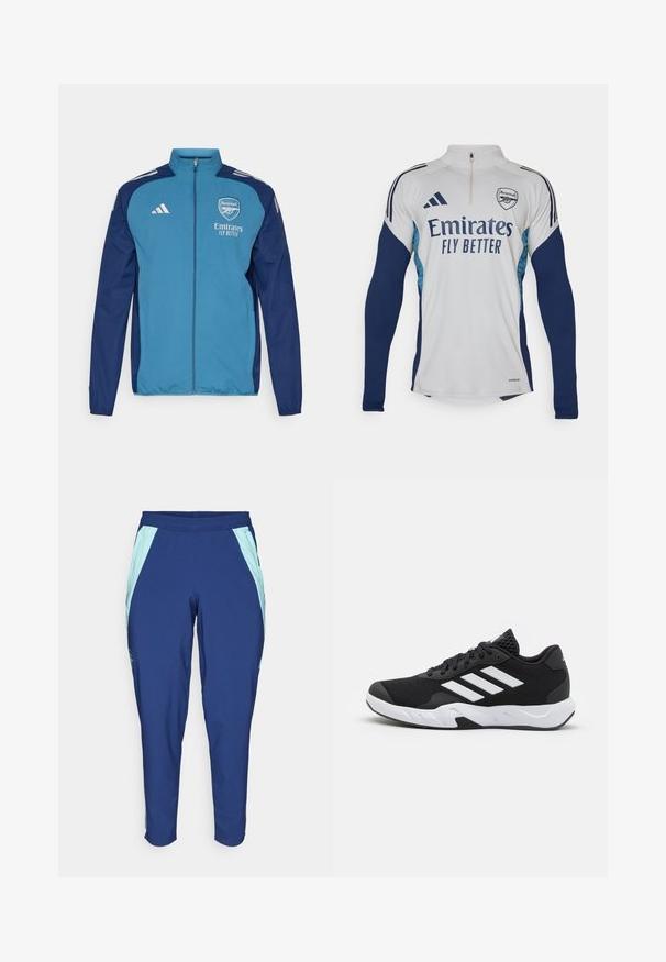 Blaue und marineblaue Zip-Jacke mit Arsenal-Logo, "Emirates"-Branding und weißen Adidas-Streifen auf den Schultern. Glatte Textur, athletischer Schnitt.; Weißes Langarm-Jersey mit marineblauen Akzenten, halber Reißverschluss am Kragen, versehen mit dem Logo "Emirates Fly Better" und dem Vereinswappen von Arsenal.; adidas Performance ARSENAL FC 24/25 TIRO24 PRESENTATION - Vereinsmannschaften - night sky; Schwarze Sportschuhe mit einem strukturierten Mesh-Obermaterial, weißen Akzentstreifen, einer gepolsterten Sohle und einer verstärkten Ferse für Unterstützung.