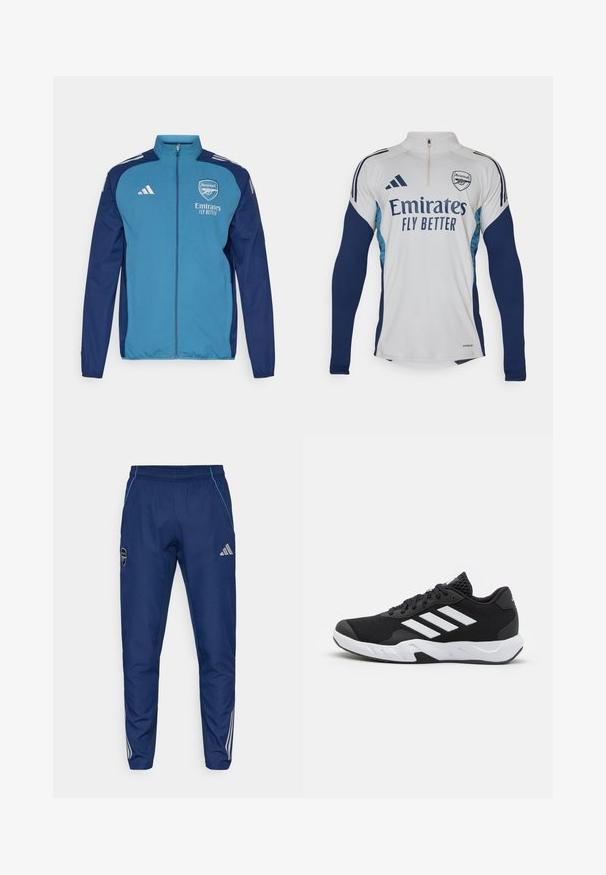Chaqueta con cremallera en azul y marino que presenta el logo de Arsenal, la marca "Emirates" y rayas blancas de Adidas en los hombros. Textura suave, corte atlético.; Jersey blanca de manga larga con detalles en azul marino, cuello con media cremallera, que presenta el logo "Emirates Fly Better" y el escudo del club Arsenal.; Pantalones jogger de color navy hechos de un tejido ligero, con un acento azul, parche del logo y tres franjas blancas a lo largo de las piernas.; Zapatillas deportivas negras con una parte superior de malla texturizada, rayas de acento blancas, suela acolchada y talón reforzado para mayor soporte.