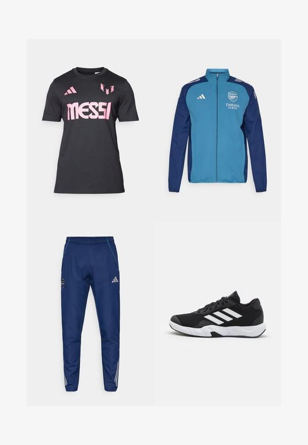 Sinine ja tumesinine tõmblukuga jope, millel on Arsenal'i logo, "Emirates" kaubamärk ning valged Adidas'i triibud õlgadel. Sile tekstuur, sportlik lõige.; Must have lühikeste varrukatega must t-särk, mis on valmistatud kergest kangast, millel on silmatorkav roosa "MESSI" logo ja Adidas'i aktsendid õlgadel.; Tumesinist jogger-püksid kergest kangast, millel on sinine aktsent, logopatch ja kolm valget triipu alumiste jalgade ääres.; Mustad mustosportlikud jalanõud, millel on tekstuuriga võrkpealne, valged aksenttriibud, pehme tallaga ja tugevdatud konts toe jaoks.