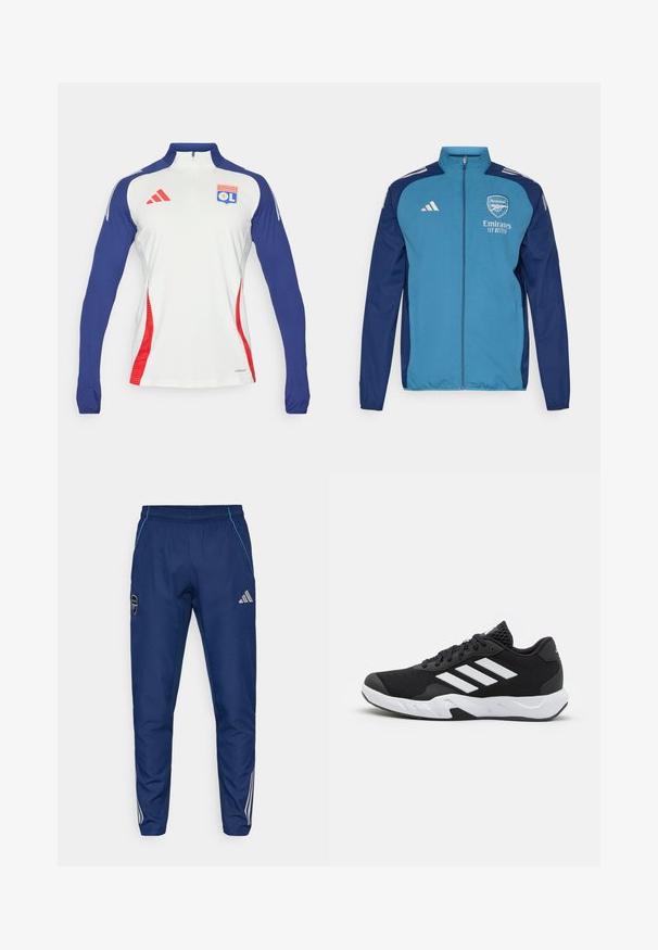 Sininen ja laivastonsininen vetoketjullinen takki, jossa on Arsenal-logo, "Emirates"-brändäys ja valkoiset Adidas-raidat hartioilla. Sileä pinta, urheilullinen malli.; Pitkähiha, valkoinen urheilupaita, jossa on tummansiniset hihat ja punaisia yksityiskohtia. Sisältää vetoketjullisen kauluksen ja Olympique Lyonnais -logon rinnassa.; Laivastonsiniset juoksuhousut, jotka on valmistettu kevyestä kankaasta. Housuissa on sininen yksityiskohta, logo-ommel ja kolme valkoista raitaa alavarsissa.; Mustat urheilukengät, joissa on teksturoitu verkkomateriaali yläosassa, valkoiset korostusraidat, pehmustettu pohja ja vahvistettu kanta tuen vuoksi.