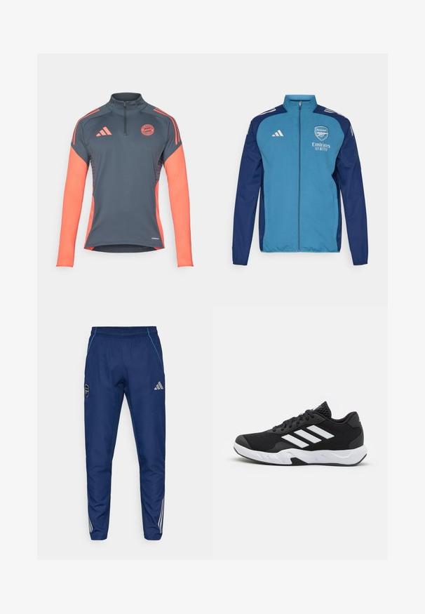 Sininen ja laivastonsininen vetoketjullinen takki, jossa on Arsenal-logo, "Emirates"-brändäys ja valkoiset Adidas-raidat hartioilla. Sileä pinta, urheilullinen malli.; Harmaa urheilullinen pitkähihainen paita, jossa on neljännesvetoketju, korallinväriset yksityiskohdat olkapäillä ja hihoissa sekä Bayern Münchenin logo rinnassa. Aeroready-teknologia.; Laivastonsiniset juoksuhousut, jotka on valmistettu kevyestä kankaasta. Housuissa on sininen yksityiskohta, logo-ommel ja kolme valkoista raitaa alavarsissa.; Mustat urheilukengät, joissa on teksturoitu verkkomateriaali yläosassa, valkoiset korostusraidat, pehmustettu pohja ja vahvistettu kanta tuen vuoksi.