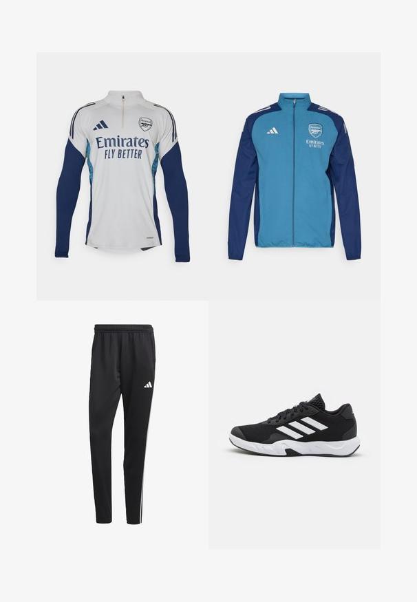 Giacca blu e navy con zip, caratterizzata dal logo dell'Arsenal, branding "Emirates" e strisce bianche Adidas sulle spalle. Tessuto morbido, taglio atletico.; Maglia a maniche lunghe bianca con accenti blu navy, colletto a mezza zip, con il logo "Emirates Fly Better" e il simbolo del club Arsenal.; Pantaloni sportivi neri con una cintura elastica, strisce laterali bianche e un piccolo logo bianco sulla coscia. Realizzati in un materiale liscio e leggero.; Scarpe da ginnastica nere con una tomaia in mesh texturizzata, strisce bianche di accento, suola imbottita e tallone rinforzato per supporto.