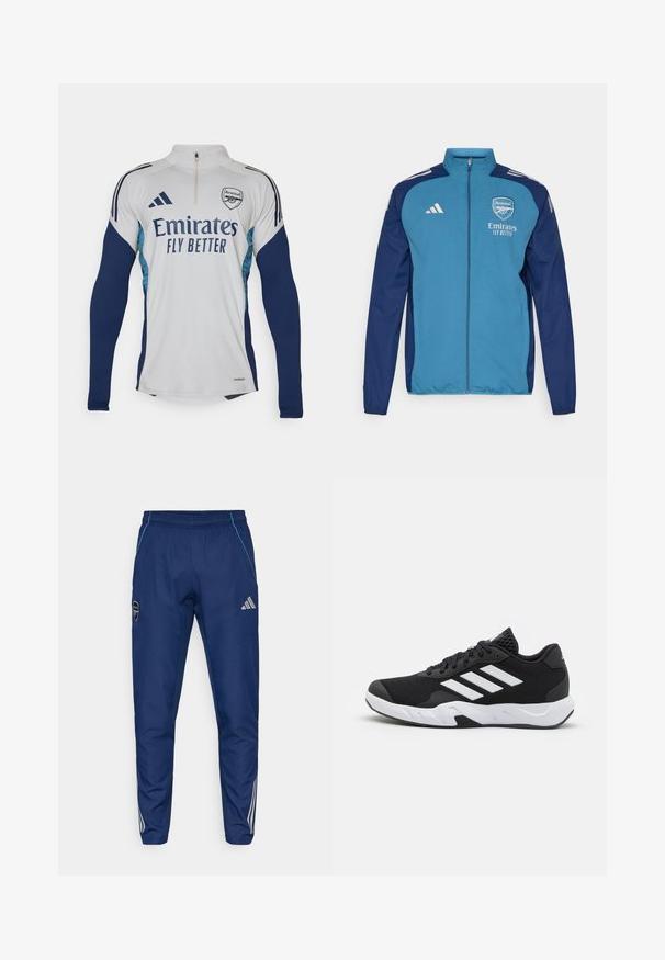 Niebieska i granatowa kurtka zapinana na zamek z logo Arsenalu, brandingiem "Emirates" oraz białymi paskami Adidas na ramionach. Gładka tekstura, sportowy krój.; Biała longsleeve jersey z granatowymi akcentami, z pół-zamkiem przy dekolcie, z logo "Emirates Fly Better" oraz herbem klubu Arsenal.; Granatowe spodnie dresowe wykonane z lekkiego materiału, z niebieskim akcentem, naszywką z logo oraz trzema białymi paskami wzdłuż dolnej części nóg.; Czarne buty sportowe z teksturowaną siateczką u góry, białymi paskami akcentującymi, amortyzującą podeszwą i wzmocnionym piętą dla wsparcia.