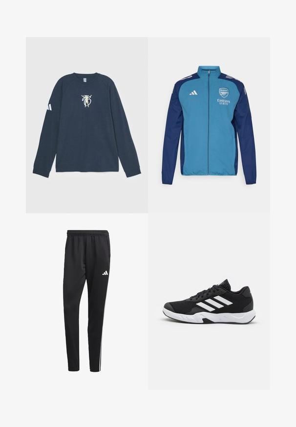 Blue and navy zip-up jacket featuring Arsenal logo, "Emirates" branding, and white Adidas stripes on shoulders. Smooth texture, athletic fit.; adidas Performance JB LONGSLEEVE - Club wear - dark grey; Black athletic pants with a stretchy waistband, white side stripes, and a small white logo on the thigh. Made from a smooth, lightweight material.; Black athletic shoes with a textured mesh upper, white accent stripes, a cushioned sole, and a reinforced heel for support.